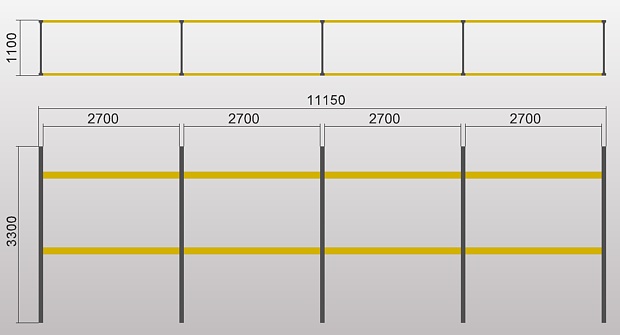 Regał paletowy - Zestaw o długości 11,15m H=3300mm, rzut